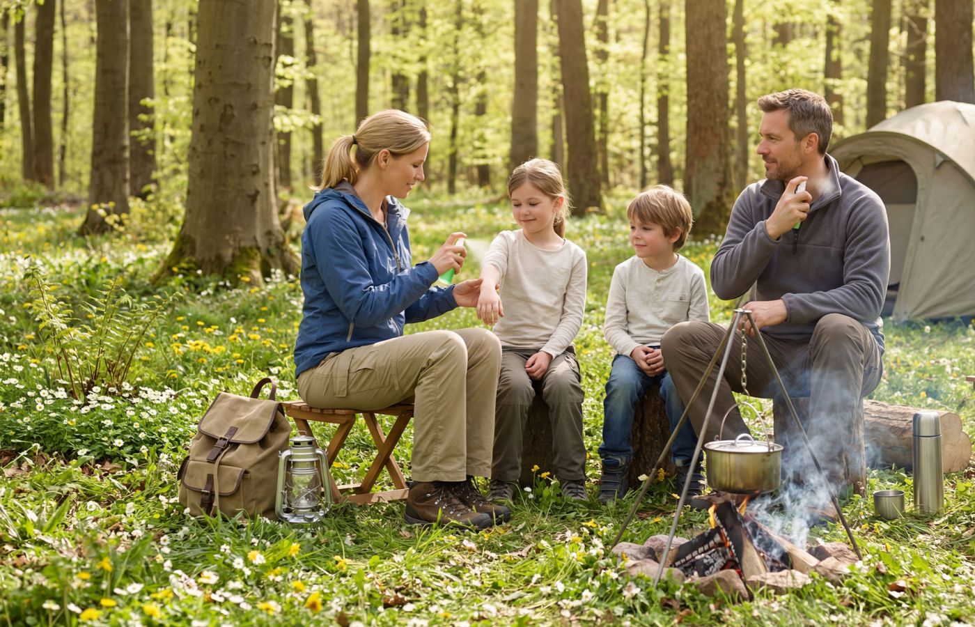 Zwei Erwachsene und zwei Kinder sitzen im Wald nahe Zelt und sprühen sich ein